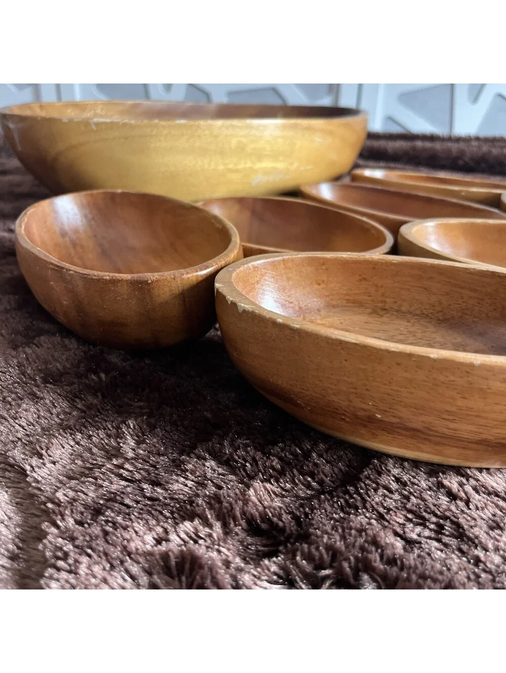 Vintage Genuine Monkey Pod Wood Handcarved Bowls Set Philippines Mid Century 8pc